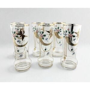 Antique Bohemian Set of 6 Enameled Tall Glasses Art Nouveau Butterflies 6" Tall
